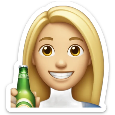 A 41 year old cheerful woman with light skin and light blond half long hair grinning and holding a bottle of beer sticker