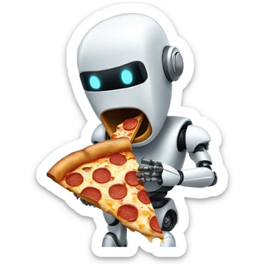 A robot eating a slice of pizza with oil dripping from its mouth. sticker