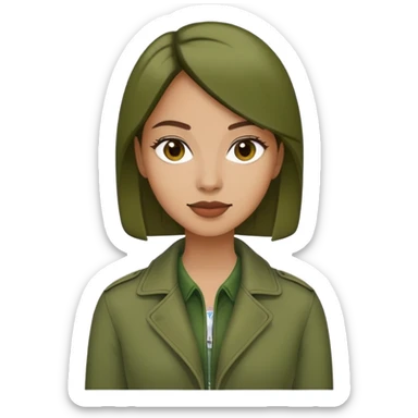 woman wearing dark olive green jacket over a lighter green top sticker