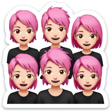 twitch emote set of a pin up smiling girl sticker of the head and shoulders of a beautiful russian pink HAIR woman, wearing casual clothes, thin lips, small smile, featuring various expressions on each face: happy, sad, excited, fell in love, angry, rage, laughing, crying, fustrated. White background, thick black outer stroke on white background, vector art style, cartoon, flat design, 2D, simple, hyper-realistic, high resolution, high details, high contrast, white colors, sticker thick black contour, soft expression sticker