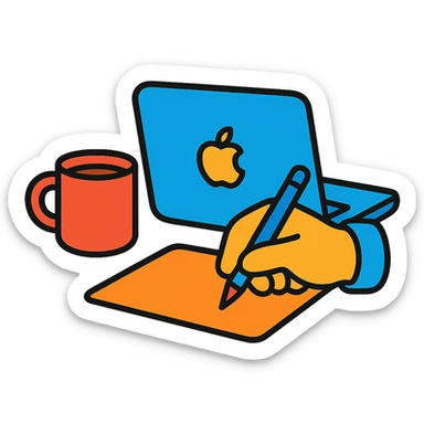 Playful cartoon style illustration of a MacBook, coffee mug, and writing hand, bright and cheerful. sticker
