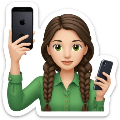 brunette long braided haired woman with green blouse holding her phone having selfie sticker
