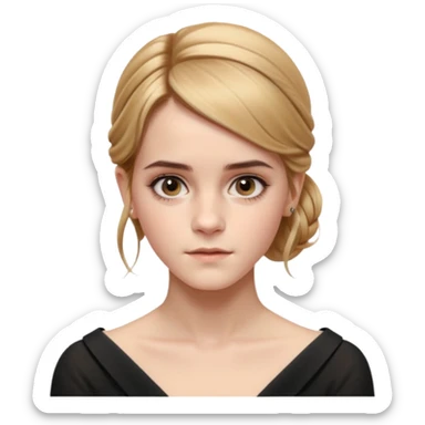 Cinematic Emma Watson Realistic Rococo Portrait, depicted with lifelike skin texture, subtle rosy undertones, and soft natural lighting that enhances the gentle contours of her face. Her intricately detailed golden blonde hair is elegantly styled in an updo, sticker