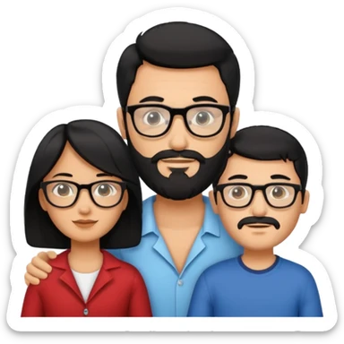 A family of a man, a woman and a boy, tanned, having black hair, the man wears glasses and has a beard.  sticker