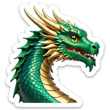 Cinematic Noble Dragon Portrait Emoji, Poised and majestic, with a sinuous, elongated body covered in intricately detailed, shimmering scales in hues of emerald and gold, and piercing, fiery eyes that reflect ancient wisdom; rendered with lifelike texture and natural highlights, high shine, intelligent and formidable, styled with an aura of mythic power, focused and attentive, soft glowing outline, capturing the essence of a legendary dragon that appears ready to soar out of the screen with timeless authority! sticker