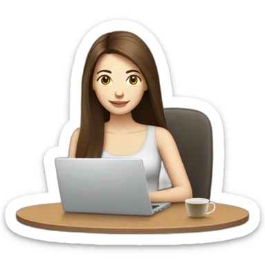 woman with long straight brown hair and pale skin using a laptop as a saucer for a coffee mug sticker