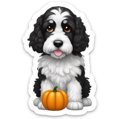 black and white doodle cockapoo with a pumpkin sticker
