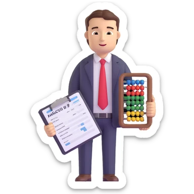male accountant with tax forms, abacus and spreadsheet sticker