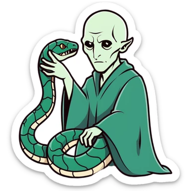 cartoon style Voldemort, with Nagini the snake, dramatic pose, dark background sticker