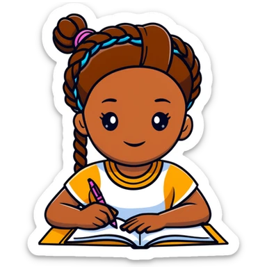 African girl student with brown skin and braided hair writing with book and pen sticker