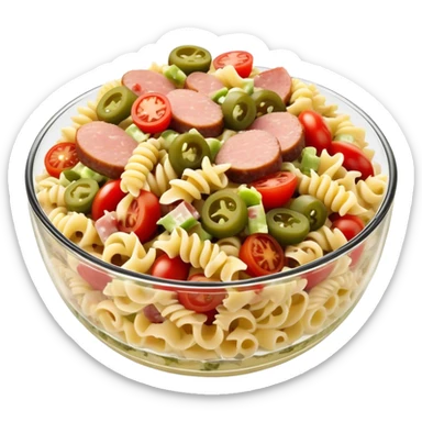Fusilli pasta salad with chopped pork sausage, chopped gherkins, chopped cocktail tomatoes and mayonnaise sticker