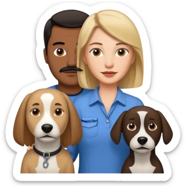 Quiero a una mujer blanca  con el pelo por el hombro lacio castaño claro con un hombre morochito con el pelo negro y bigote, y un perro blanco tipo perro cabeza de martillo sticker