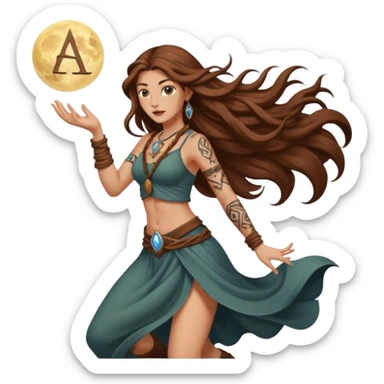 moon druid woman long wavy brown hair tattoos pulling rune card from air sticker
