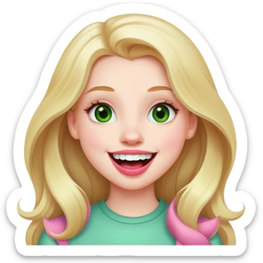 Young girl with pale skin, full pink lips smiling, blonde reddish long hair, big brown eyes with a hint of green, big mouth sticker