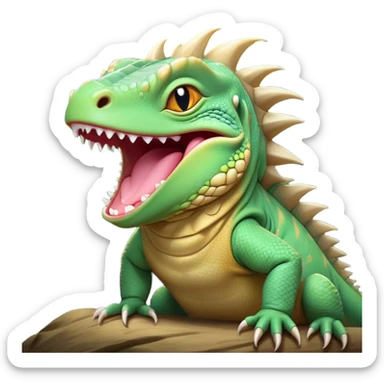 Cinematic Cute Yawning Iguana Portrait Emoji, Head tilted slightly with a dramatic, wide-open yawn, showcasing a sturdy, scaled body with a softly drooping spiky crest and sleepy, half-closed eyes, Simplified yet irresistibly adorable features, highly detailed, glowing with a soft, cozy jungle glow, high shine, relaxed yet expressive, stylized with a dash of whimsical charm, soft glowing outline, capturing the essence of a drowsy yet affectionate iguana that appears ready to stretch out for a nap! sticker