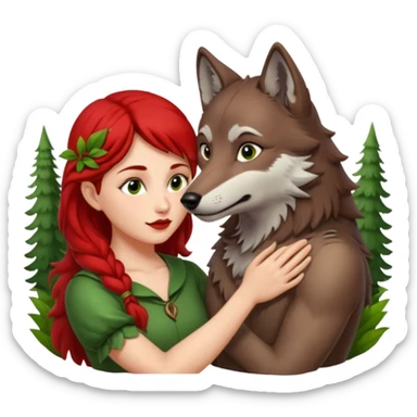 Caperucita roja acariciando la cabeza de un lobo macho en un bosque sticker