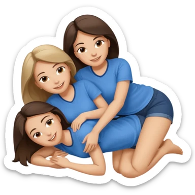 two white brunette women lying down full body on top of each other wrapped around each other one wearing a blue shirt sticker