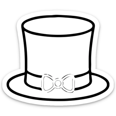 A minimalist black top hat slightly tilted, with a thin ribbon bow in #C5343C color on the brim. Slightly elegant and theatrical, flat vector style. sticker