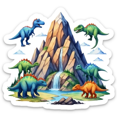 mountian with massive inks on it and many dinosaurs sticker