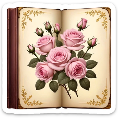 Antique book with pressed light pink roses, golden details on the cover, soft vintage lighting. sticker