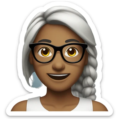 female, bangs on ponytail, black hair, black glasses, cute smile, note, white skin sticker