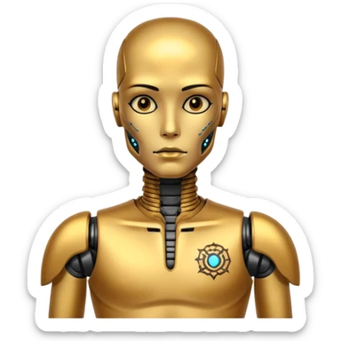 gold Tatooed robot, big many tatooes on chest, neck and face, tatoo on face sticker