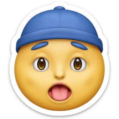 An emoji with a blue hat on its head and 1 blink and tongue sticking out sticker