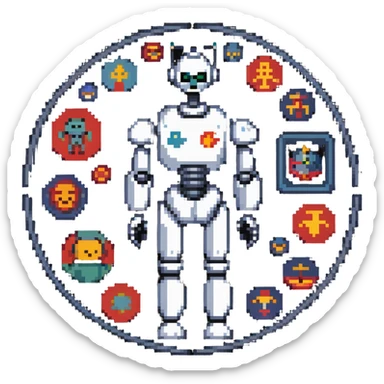 Pixel art of a robot man with a circular chest divided into four segments showing icons for visual art, music, theater, and literature sticker