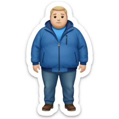 fat man wearing blue jacket standing foot sticker