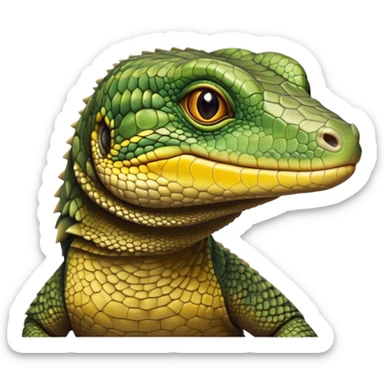 cinematic-realistic-cute-monitor-lizard-portrait-emoji,-head-tilted-playfully-and-inquisitively,-featuring-a-compact,-agile-body-with-finely-detailed,-glossy-scales-in-earthy-olive-hues-and-a-distinct,-alert-face-with-bright,-curious-eyes, yellow, brown spotted and green multi coloured  scales sticker