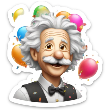 Japoy albert einstein with lots of colourful confetti and party balloons and thumbs up sticker