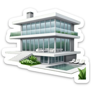 A modern house with clean architectural lines, large glass windows, minimalist design, white and gray tones, surrounded by greenery, soft natural lighting, realistic style, high detail
 sticker