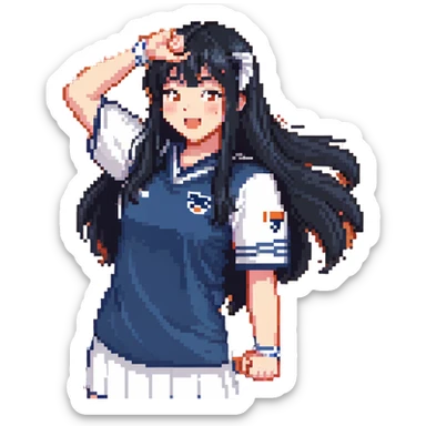 East Asian woman with long black straight hair and bangs wearing navy and white Doosan Bears team colors, cheering sticker