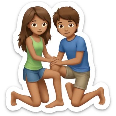 barefooted boy with messy brown hair yellow putting his foot on a kneeling girl sticker