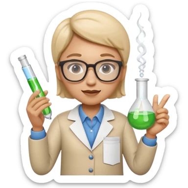 Apple Memoji-style 3D emoji of a researcher wearing glasses holding papers or a test tube, clean gradients, rounded shapes, no background. sticker