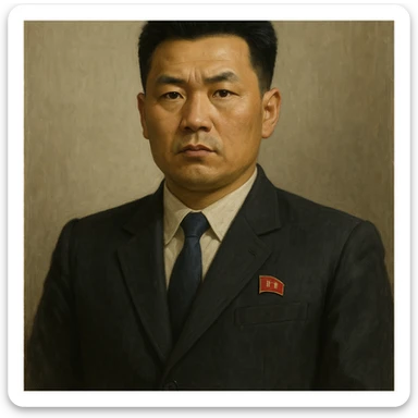 Official portrait of a North Korean man, head of the hull production workshop at a shipyard, serious and formal style, dark suit, neutral background, confident and focused expression, style inspired by Soviet and North Korean official portraits sticker