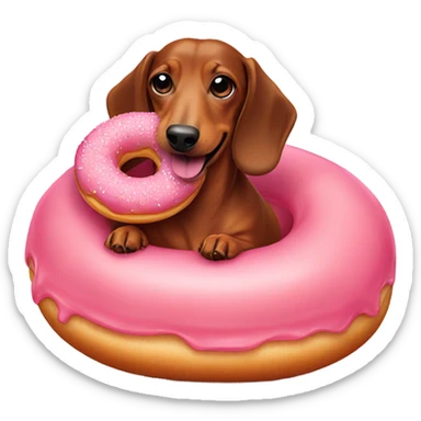 smiling dachshund laying down with a pink frosted doughnut in front of it sticker
