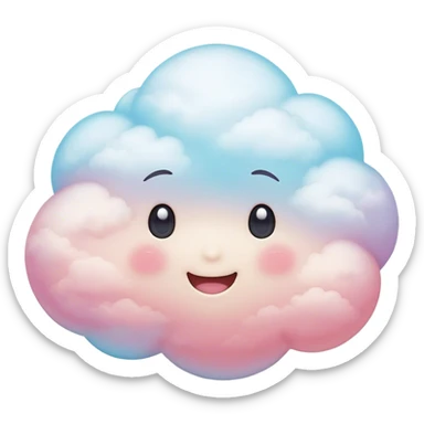 Cinematic round pastel cloud, soft puffy texture, gentle glowing edges, tiny happy face with blushing cheeks, floating in a dreamy sky, warm and magical. sticker