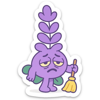 chubby lavender-colored lavender flower character with droopy eyes and a tired face, holding a tiny broom, pastel-toon style sticker