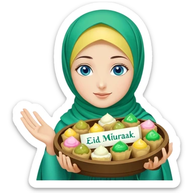 Turkish beautiful finish Konya girl blue eyes with green emerald yellow hijab islamic dress and had on her hand text Eid Mubarak with sweets and celebrating with her friends eid days   sticker