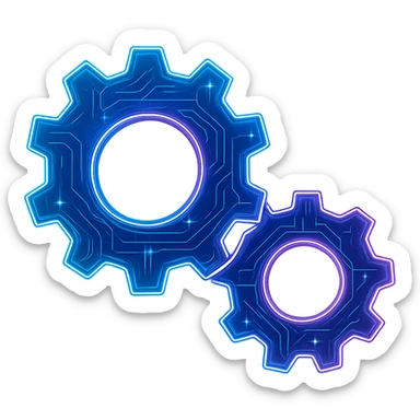 Transform the Windows Services icon featuring two gears into a cyberpunk holographic style. Add glowing neon blue and pink edges with intricate circuit patterns throughout the entire icon. Maintain the recognizable two-gear shapes while overlaying neon and circuit effects in a futuristic, clean style consistent with cyberpunk aesthetics. The whole icon should have a consistent cyberpunk glow and detailed circuit designs on a transparent background. sticker