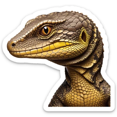 Cinematic Noble brown camo spotted monitor Lizard Portrait Emoji, Poised and regal, with a robust, scaled body exhibiting striking, mottled patterns and piercing, alert eyes, Simplified yet sharp and sophisticated features, highly detailed, glowing with a soft, earthy glow, high shine, intelligent and formidable, stylized with an air of ancient wilderness, focused and commanding, soft glowing outline, capturing the essence of a watchful and confident reptilian guardian that appears ready to stride out of the screen with effortless authority! sticker