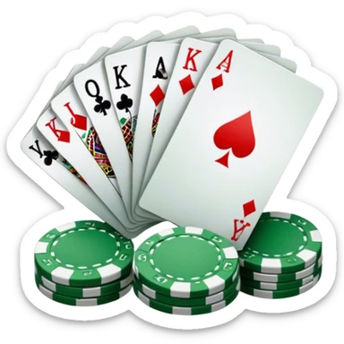 A photorealistic icon featuring playing cards and a stack of poker chips on a green felt table. Bright, detailed design with realistic textures and lighting. Transparent background, clearly symbolizing card games and strategy. sticker