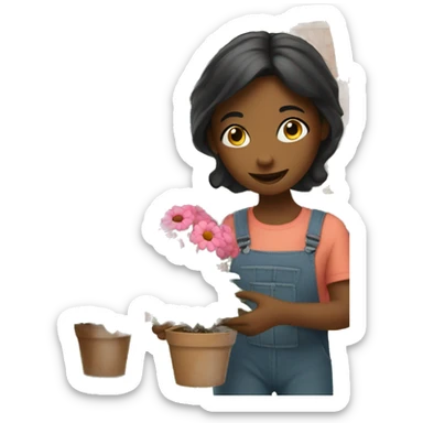 A girl plants flowers in the village sticker
