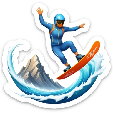 An emblematic symbol featuring a stylized figure in mid-action, representing extreme sports. The design incorporates dynamic lines and bold shapes, with elements like mountains, waves, and flying objects, capturing the thrill and adrenaline of various extreme sports in a single, unified icon. sticker