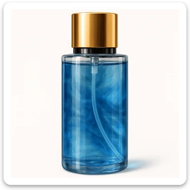 Make the Victoria's Secret Rush perfume bottle look more realistic in a detailed style with realistic reflections, glass texture, and a metallic gold cap. Keep the blue color and overall shape true to the original bottle. No text. The style should resemble a realistic emoji-style illustration. sticker