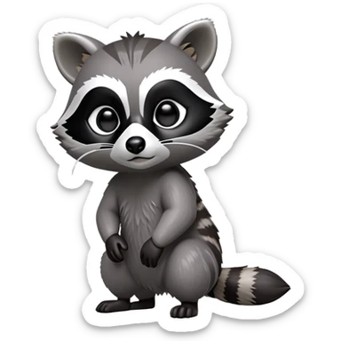 Cinematic-cute Raccoon-Realistic-hunched Full-Body on all fours-Emoji – Tail flicking lazily, head tilted dramatically, thick grey fur with a signature black mask, sharp and alert ears, simplified yet realistic focused features, highly detailed, glowing with an almost sarcastic glow big black eyes realistic body sticker