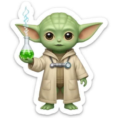 Baby Yoda full body with his normal suit like a scientist sticker