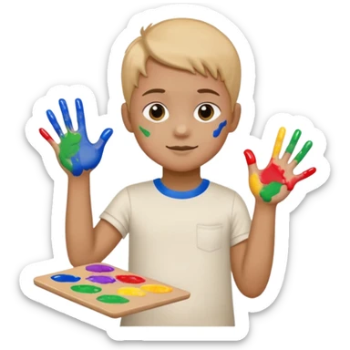 Kid with finger-painted hands and body, palette sticker