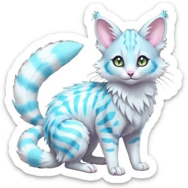  cute adorable whitish pastel fur with glowing bioluminescent random colorful neon-markings iridescent beautiful elegant pretty precious cute young youthful  Fakémon-Pokémon-alien-opossum-feline-serval-caracal-chinchilla-Minccino-hybrid-creature with a big fluffy bushy striped tail (full body) sticker